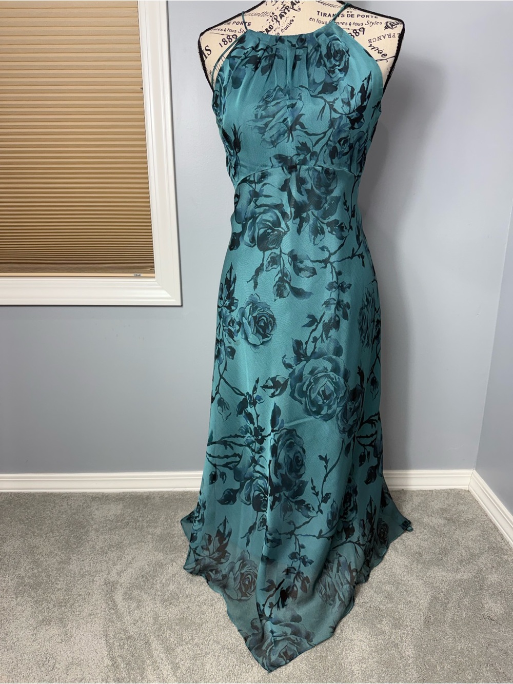 Evan Picone Vintage 90s Teal Floral Asymmetrical Halter Maxi Dress
